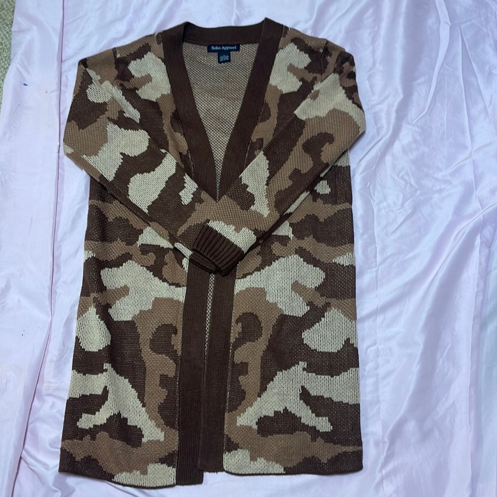 long women’s sweater, brand.. soho apparel, women’s S, brown maroon and tan.